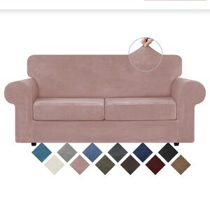 Solid Pink Luxury Velvet Couch Stretch Slipcover with Elastic Bottom 3Pc MEDIUM